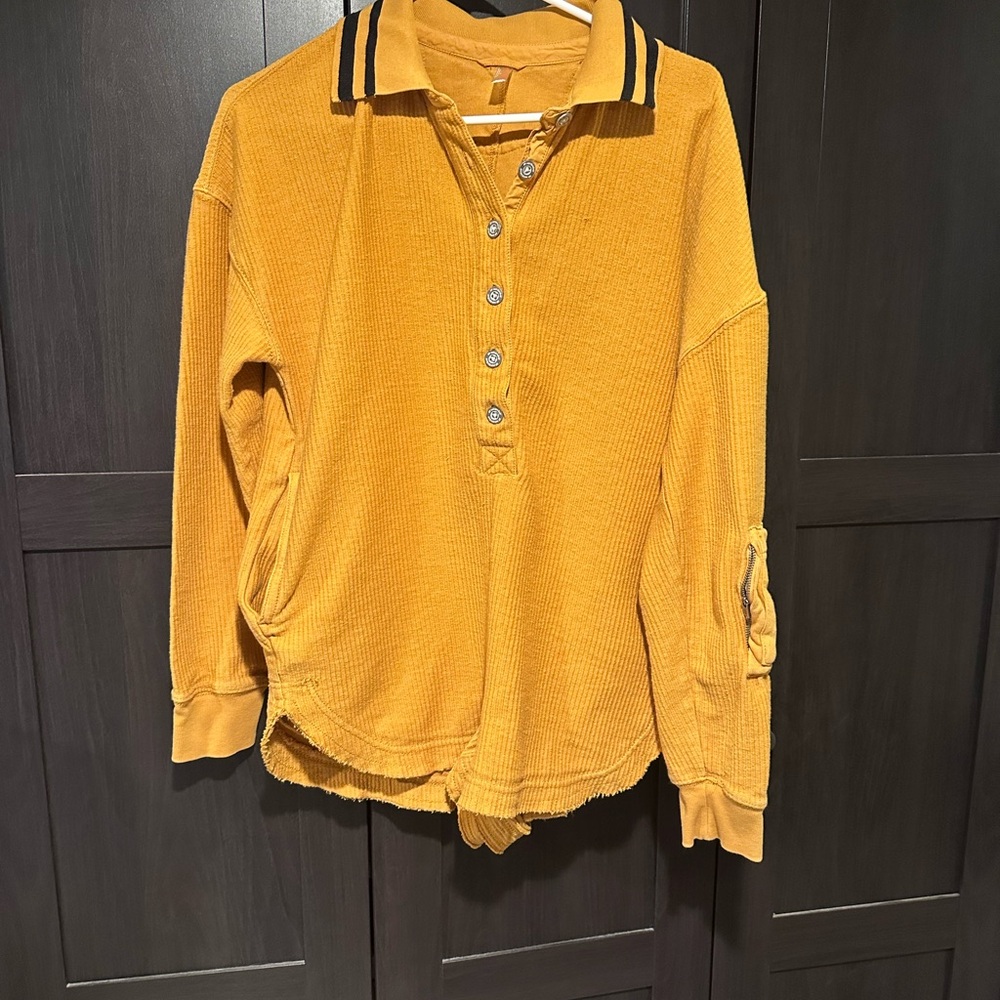 Free People Golden Mustard Waffle-Knit Polo with Striped Collar
